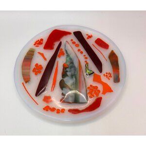 Handcrafted Fused Glass Decorative Plate Abstract Design Green Red 8"